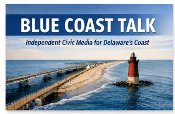 Cover of Blue Coast Talk magazine showing a pier leading to a red lighthouse over blue ocean water with a clear sky.